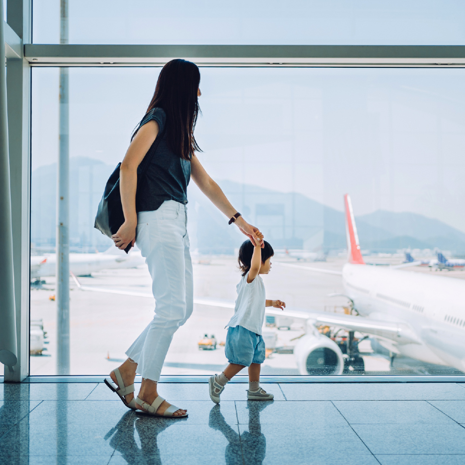 Airport Dimensions, Collinson, Runway views, Child holding mothers hand walking