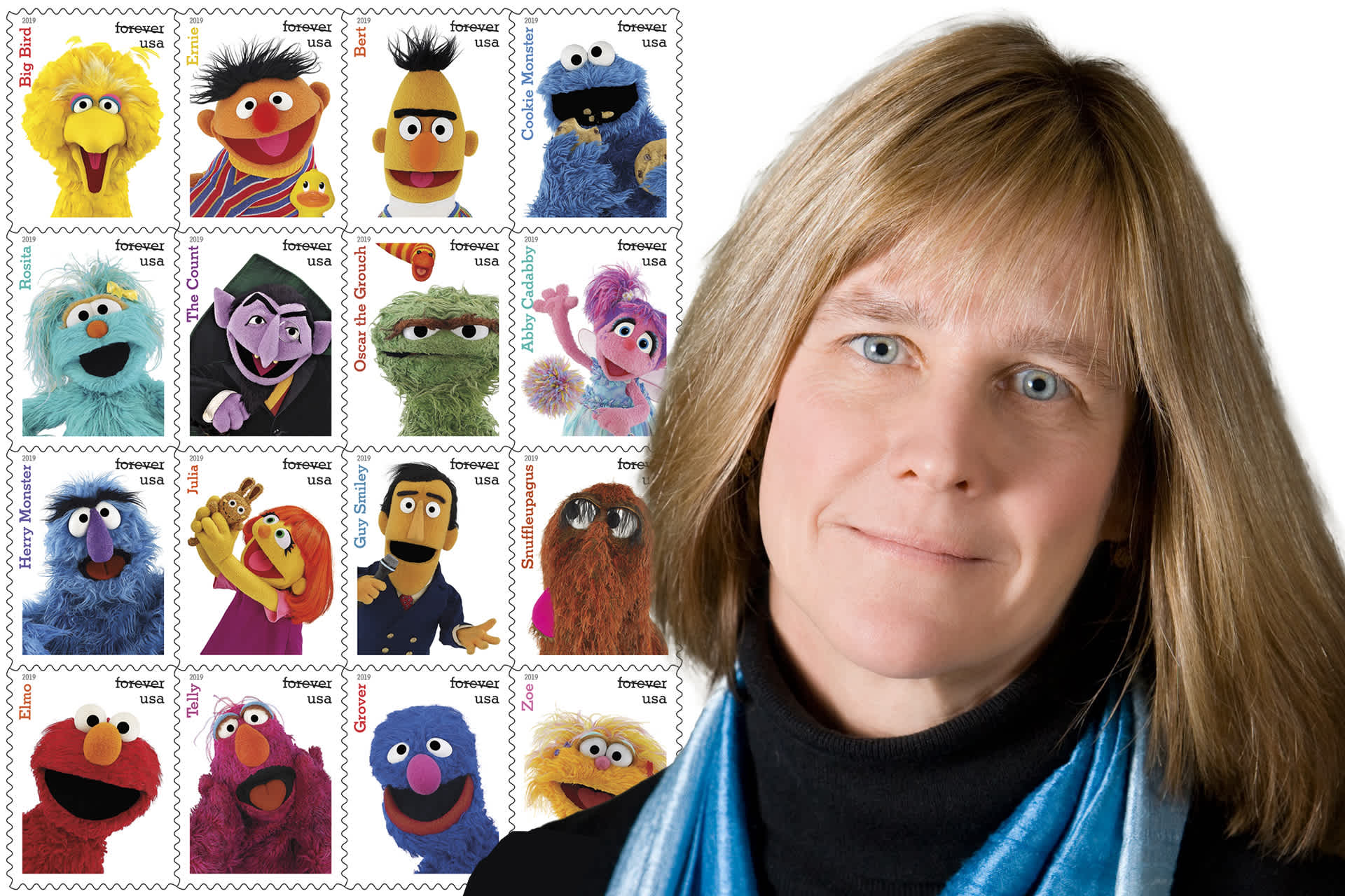 A sheet of postage stamps with Sesame Street characters and a portrait of a woman wearing a blue scarf