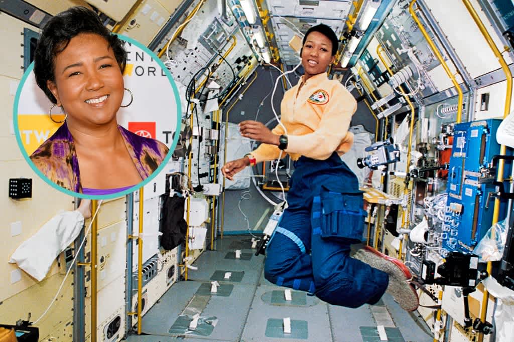 Astronaut Mae Jemison floating in the space shuttle. Inset: a portrait of Jemison.