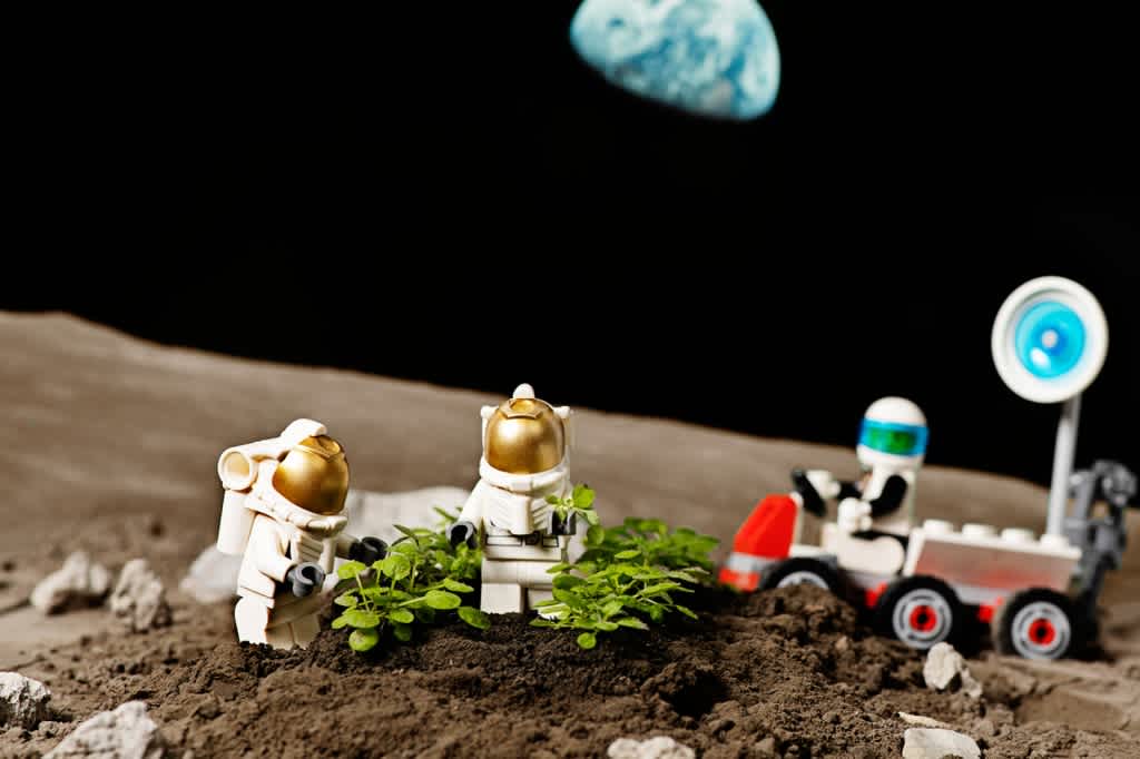 Two LEGO astronauts on the moon tending to plants. One drives a rover in the background.