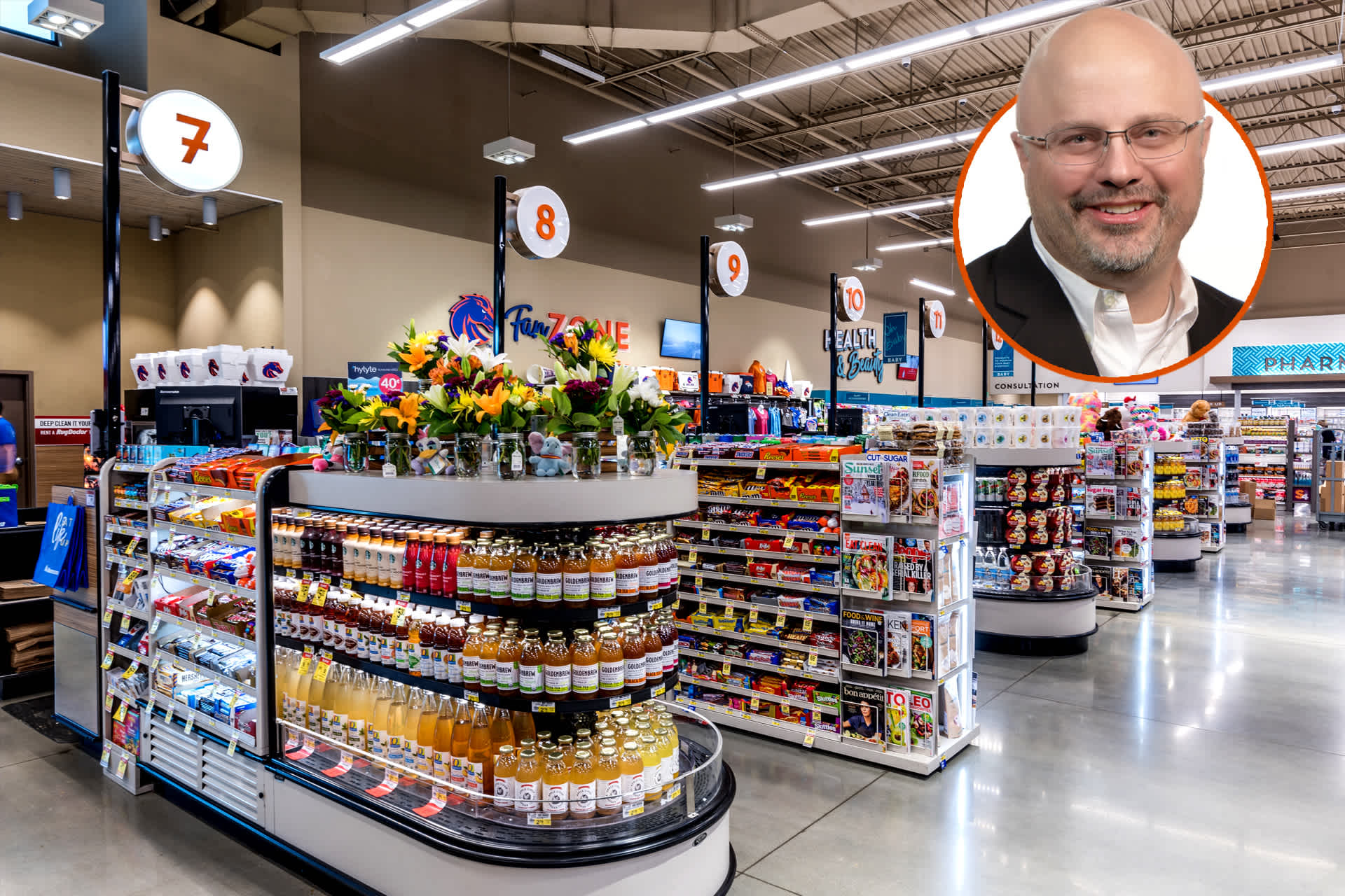 Main image: grocery store check-out lanes. Inset: A bald man with glasses, wearing a white dress shirt and black blazer.