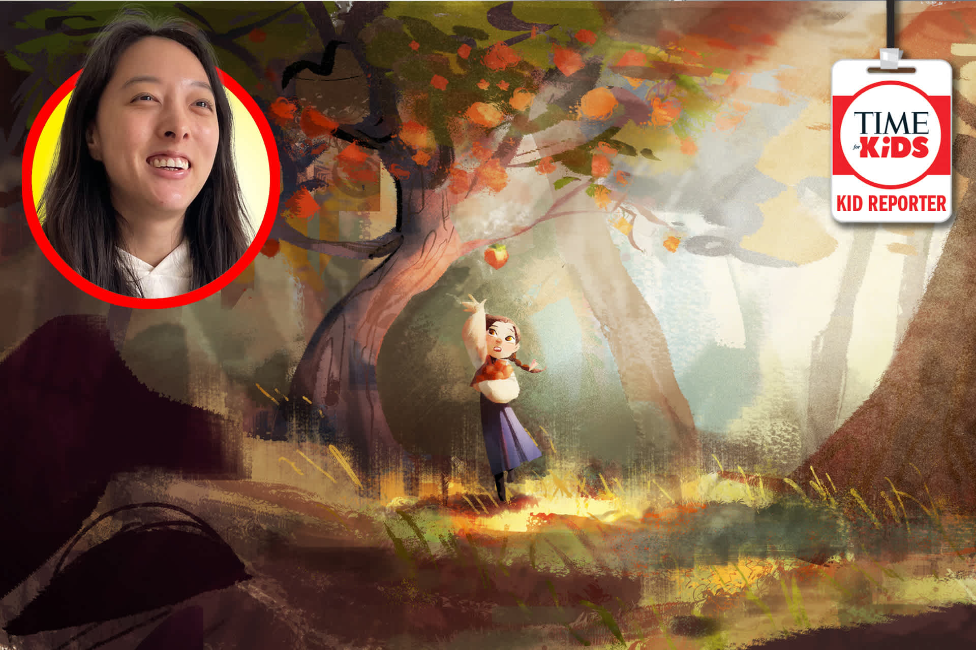 A woman’s headshot is shown above an illustration of a young girl picking apples.