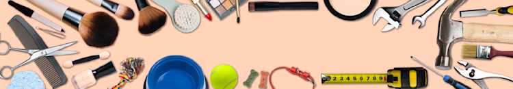 items on a pale peach background: makeup brushes, cosmetics, hair cutting shears, pet items, tools