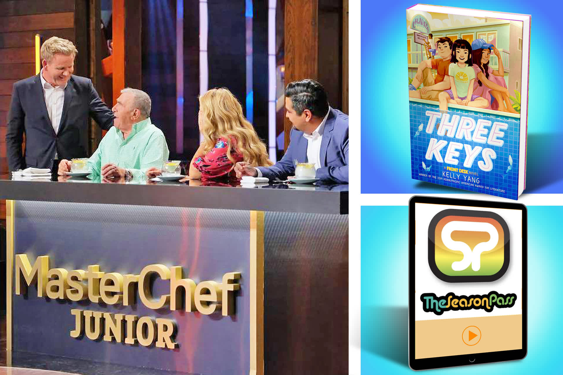A still from the show "MasterChef Junior", the book Three Keys, and the podcast The Season Pass