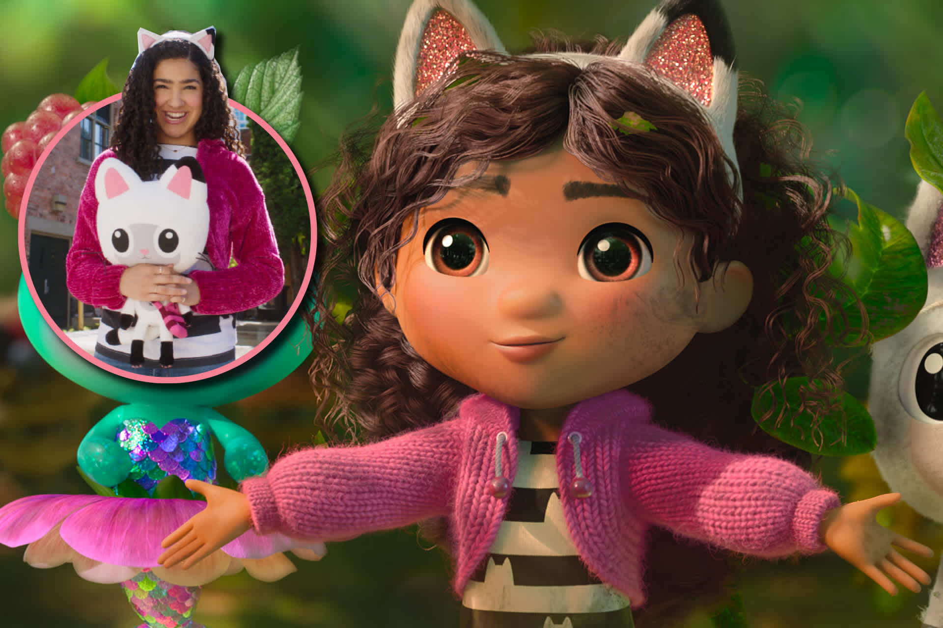 A still image of Gabby from Gabby's Dollhouse: The Movie. Inset: actress Laila Lockhart Kraner, dressed as Gabby and holding a plush white cat.
