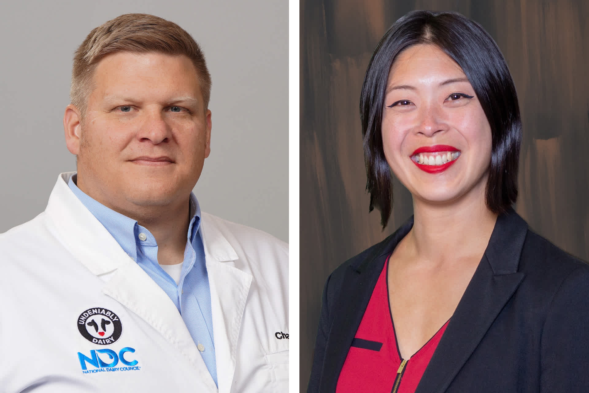 Left: Man in a white coat labeled “Undeniably Dairy” and NDC: National Dairy Council” poses against a plain background. Right: Woman in a red top and black blazer stands against a wood-paneled background.