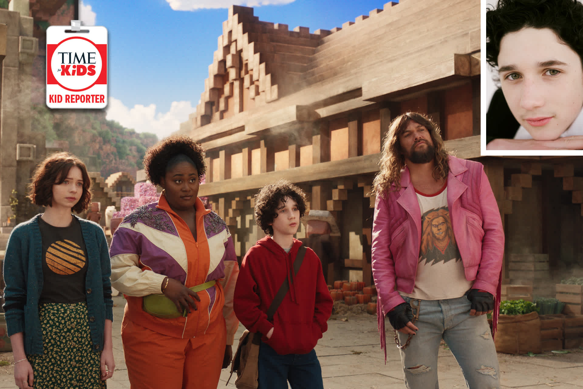 Two women, a teen boy and a man stand in a city made of blocks