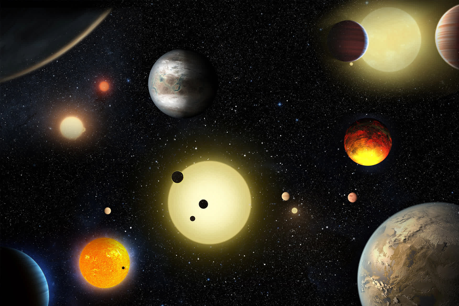 A drawing representing new exoplanets found by the Kepler space telescope.