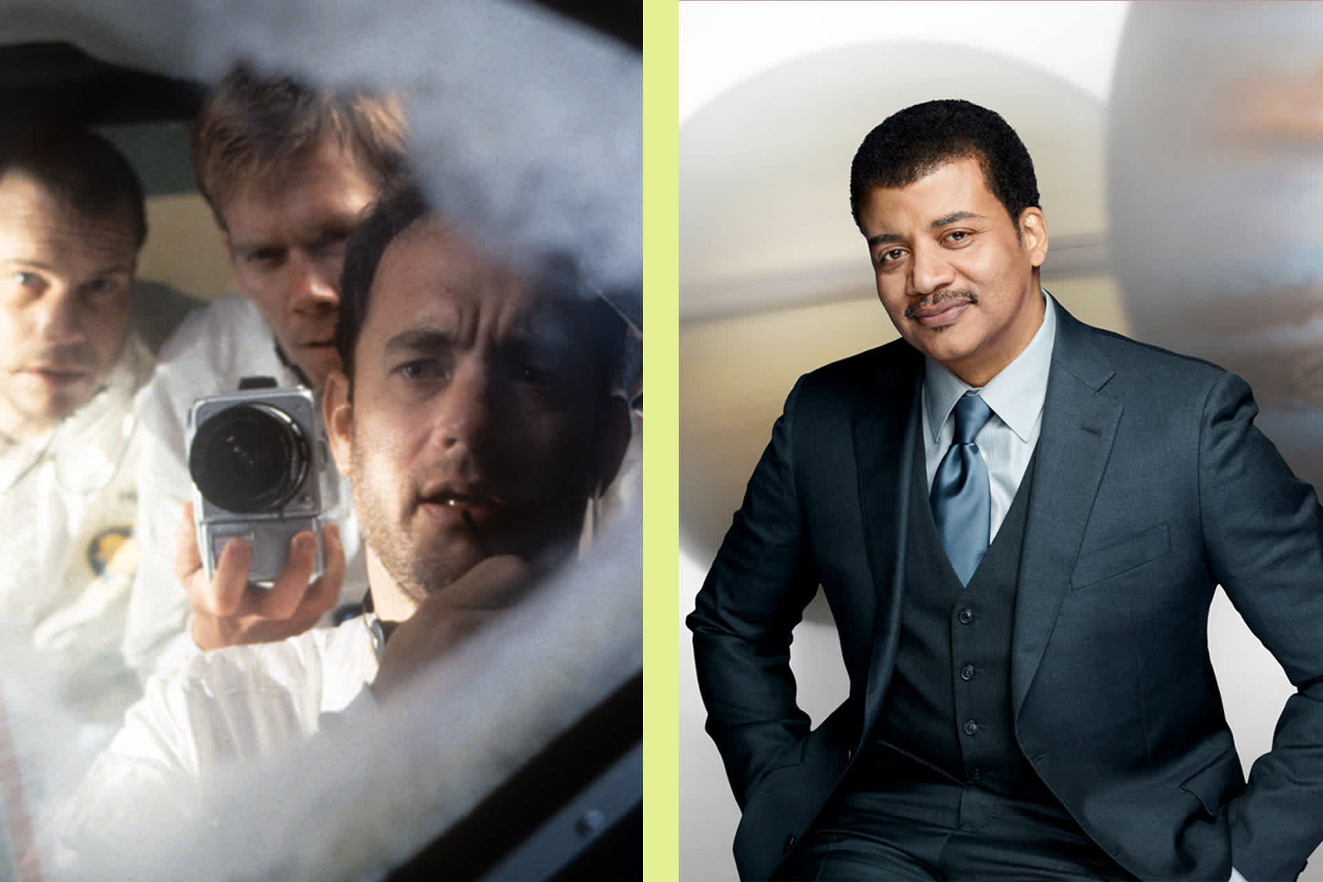 Collage of two images stitched together; left image is a scene from a movie and the right image is a headshot of Neil deGrasse Tyson.