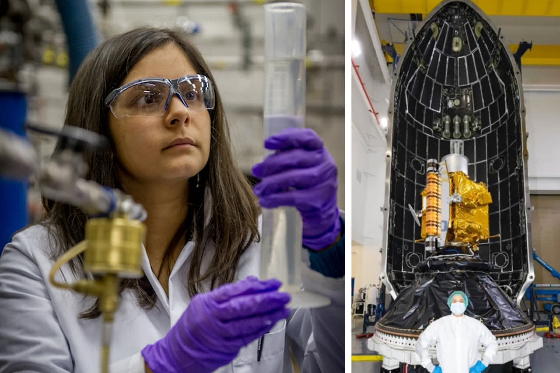 Split image: Left, Joan Melendez Misner looking at a liquid in a test tube. Right, she stands in front of a large spacecraft.