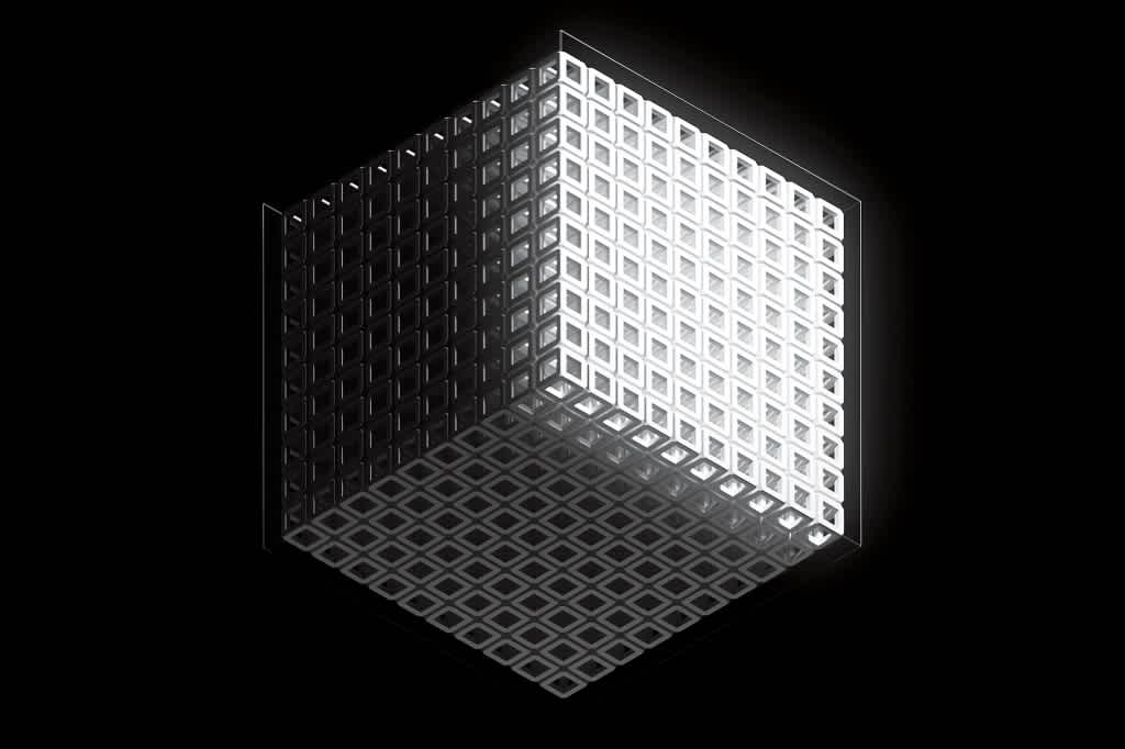 A 3-dimensional cube made of smaller hollow cubes on a black background.