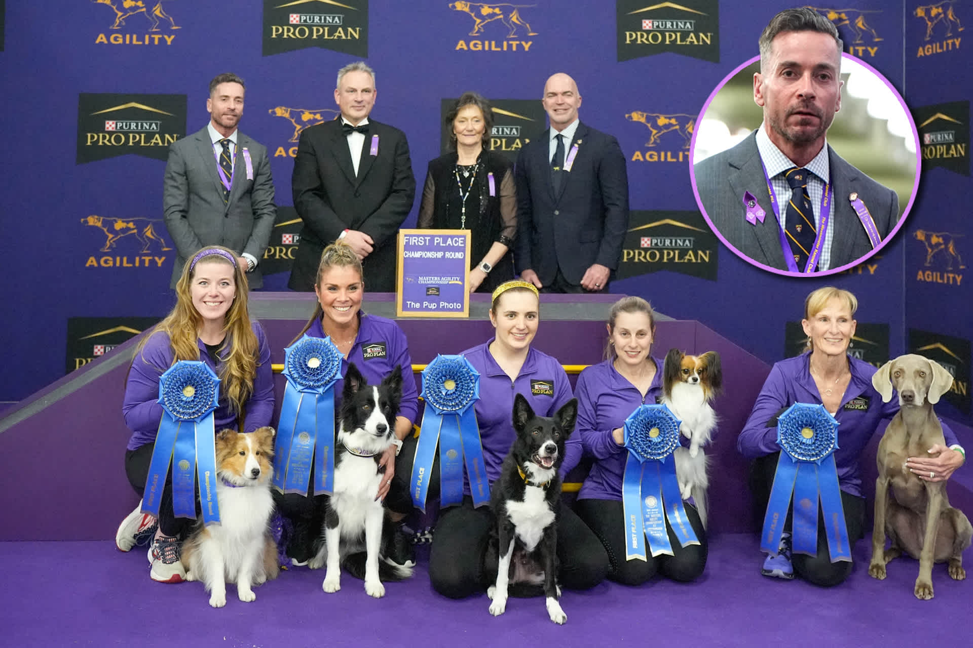 Inset: A man in a gray suit and tie; a group of smiling people holding purple bows and ribbons pose with their dogs.