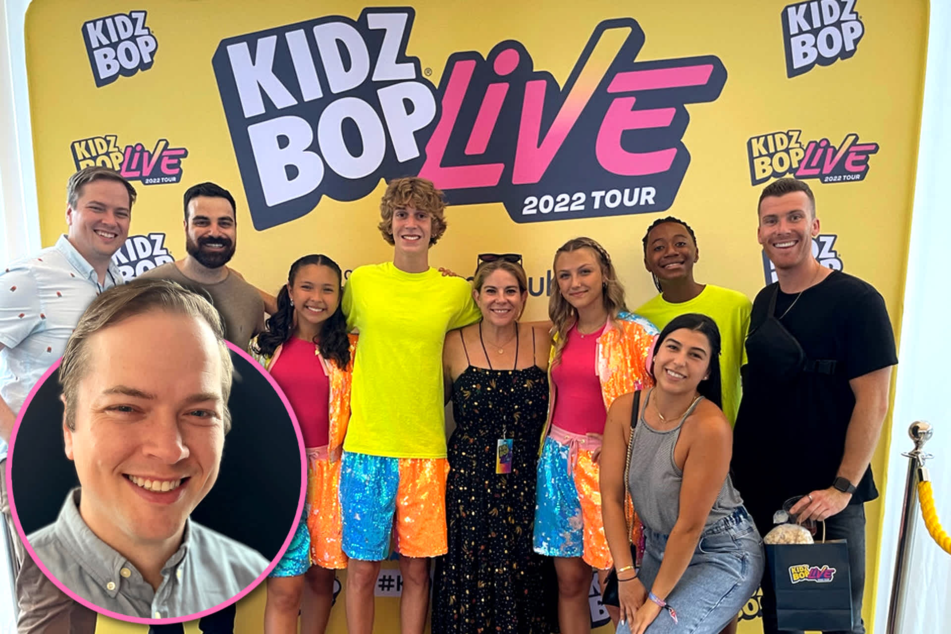 Main image: a group of people smiling in front of a backdrop that says, "KidzBob LIVE" Inset: a smiling man on a black background