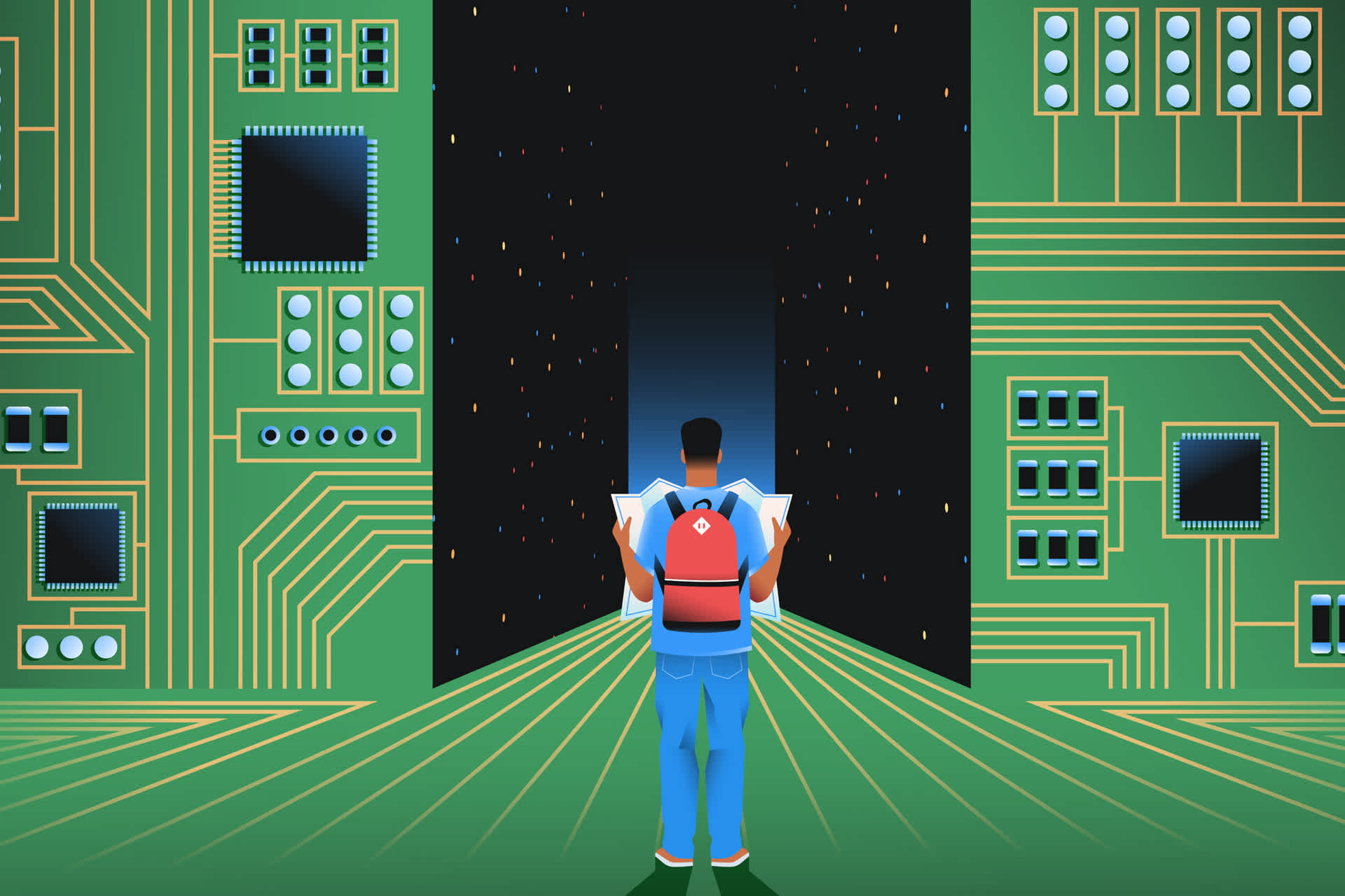 Illustration of a person wearing a red backpack, back to the viewer, reading a map and surrounded by a landscape of computer circuit boards