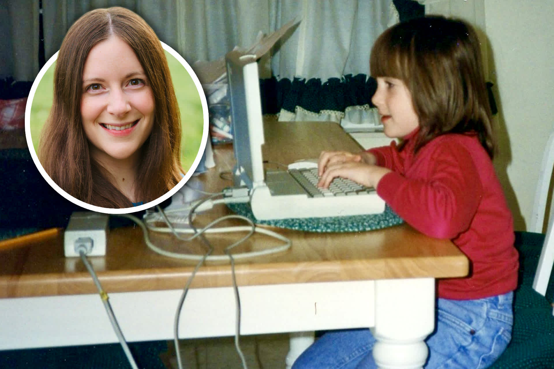 Becky Hansmeyer at 8 years old using a computer to write a story about her dog.