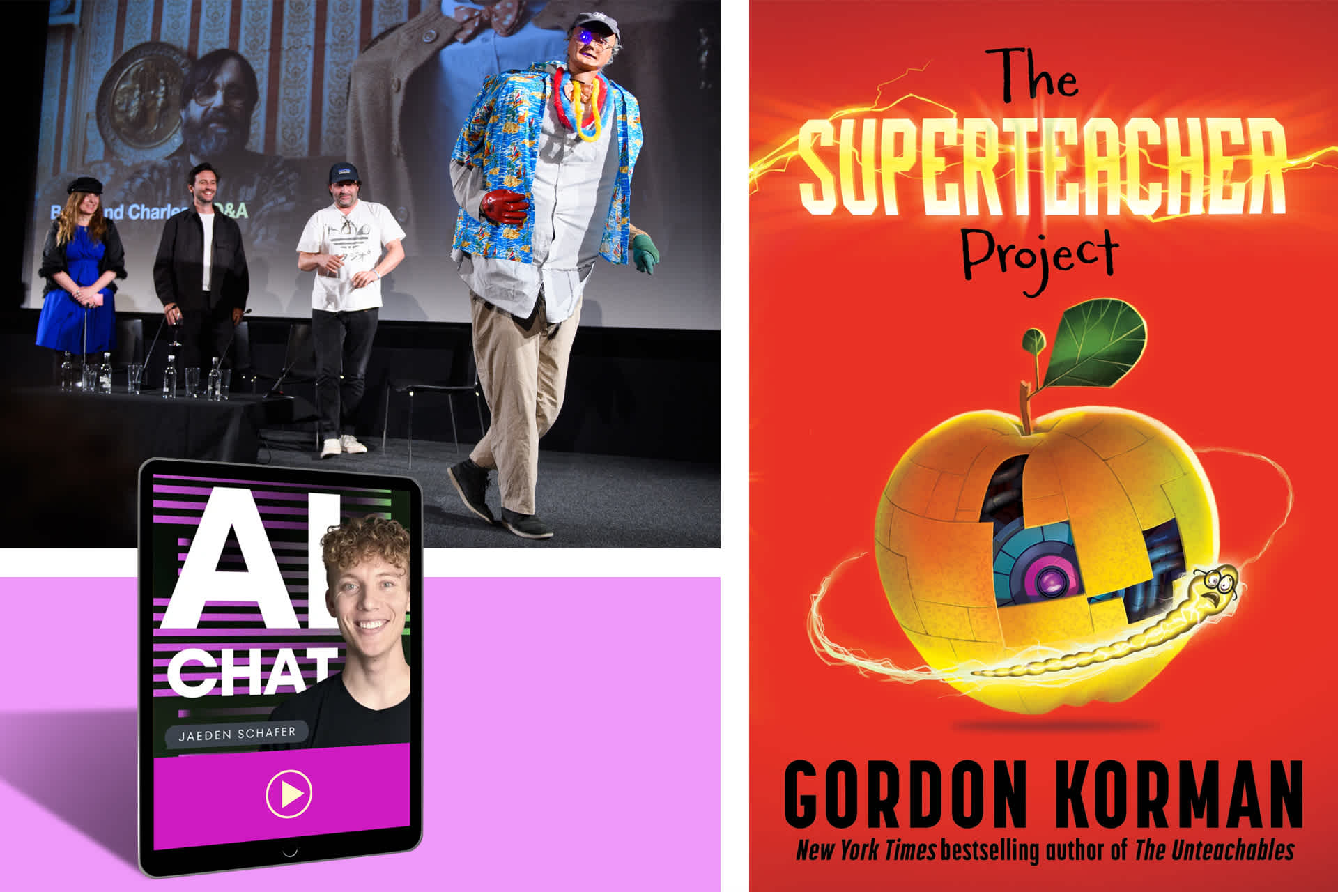 Multi-image: people on stage, a tablet with a graphic that says, "AI Chat" and has a man's face next to it, the cover of the book, "The Superteacher Project"