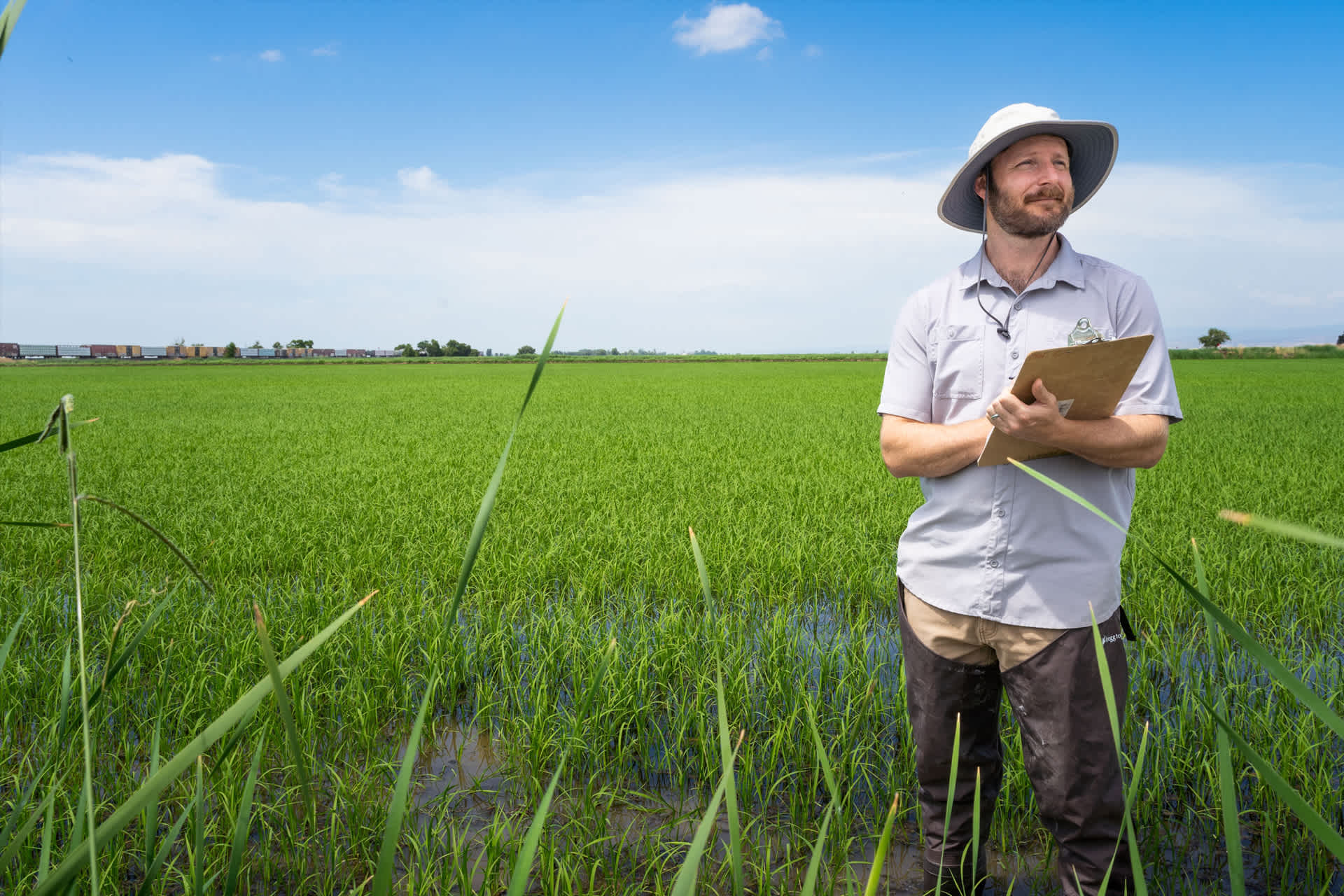 man with notepad in rice field