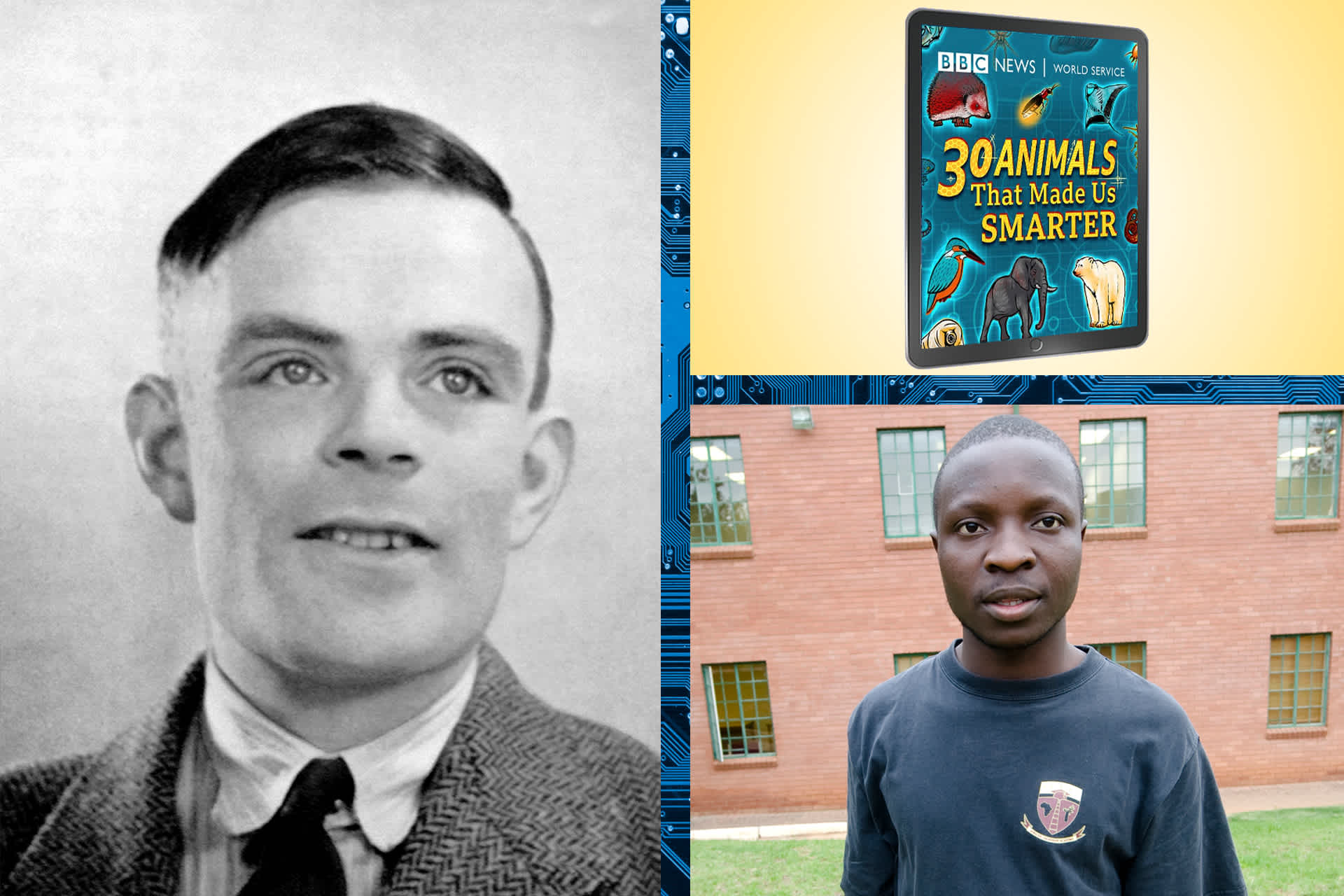 Photo collage: Alan Turing, 30 Animals that Made Us Smarter graphic, William Kamkwamba