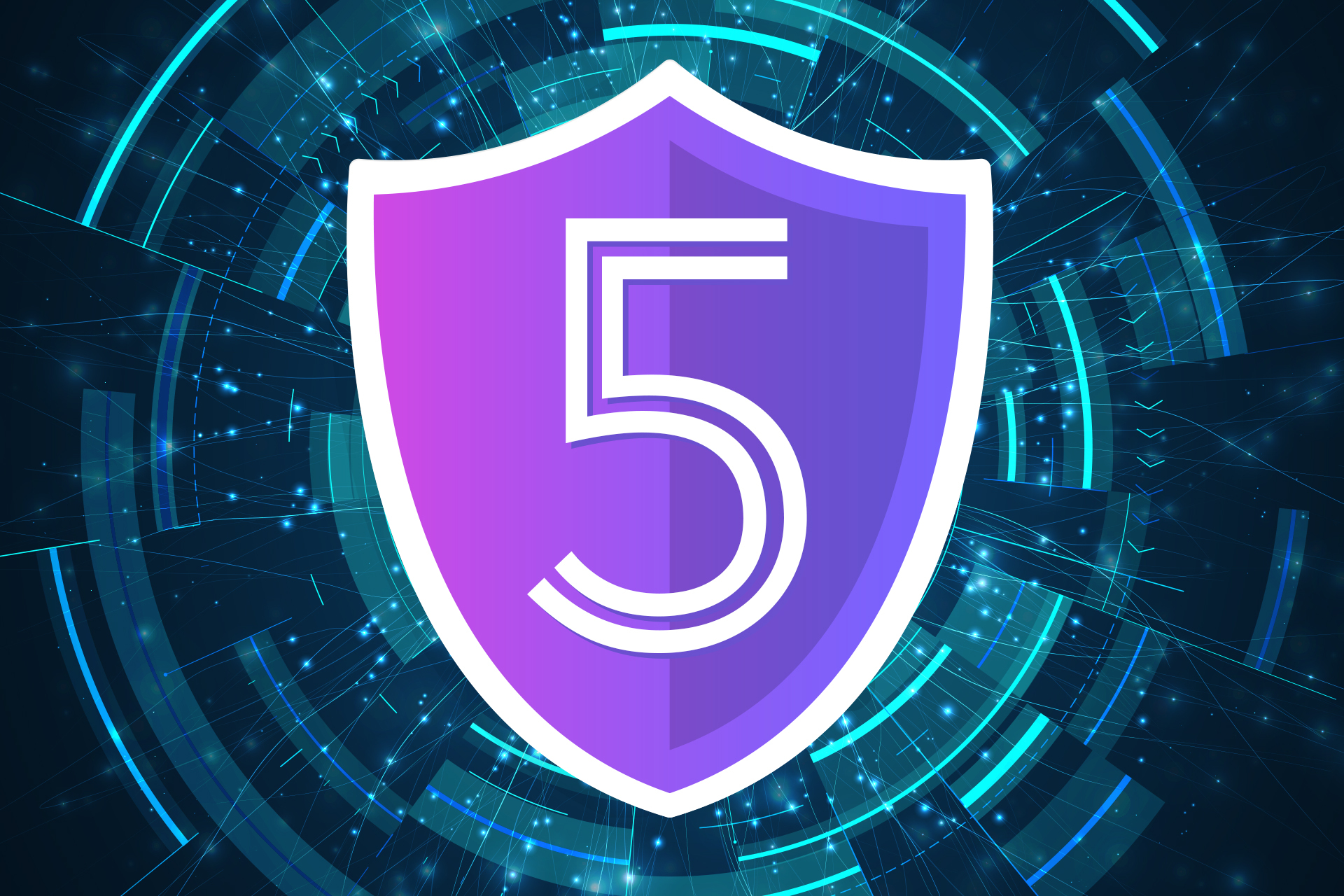 Purple shield with the number 5 in the center over a glowing blue digital background.