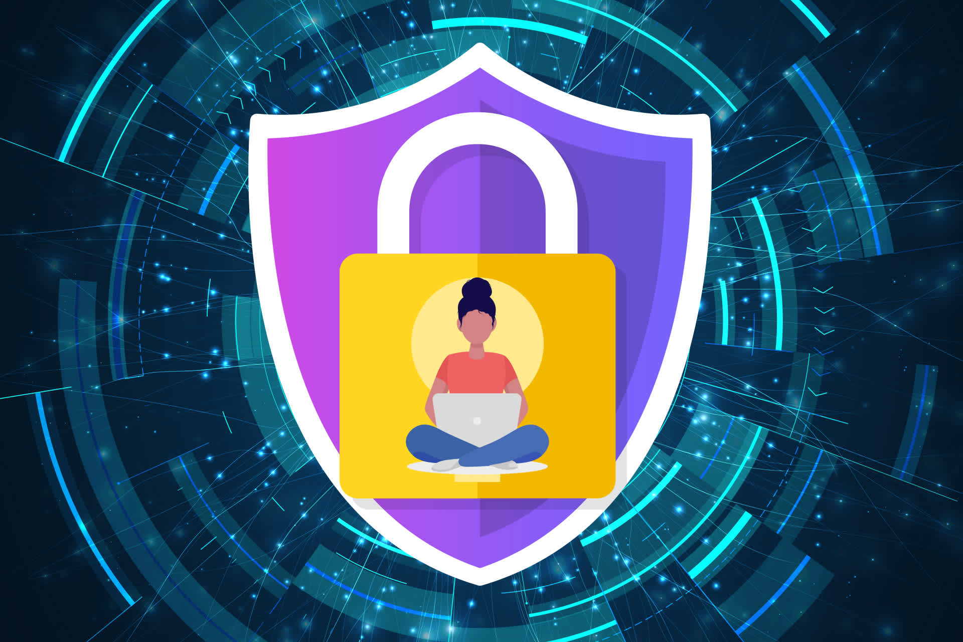 Illustration of a person using a laptop inside a padlock, set in front of a shield with a digital, glowing background, representing online safety and cybersecurity.