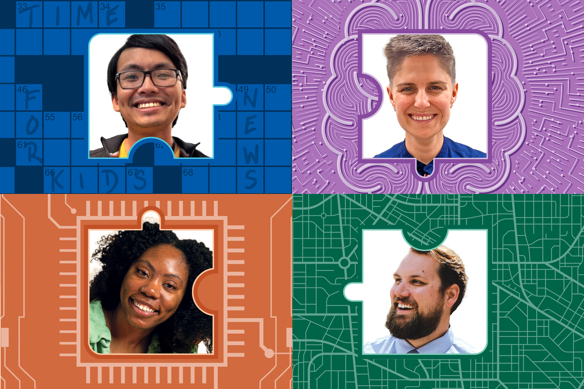 Four adults smiling in puzzle-shaped frames on colorful backgrounds with patterns like a crossword, brain design, circuit board, and map.