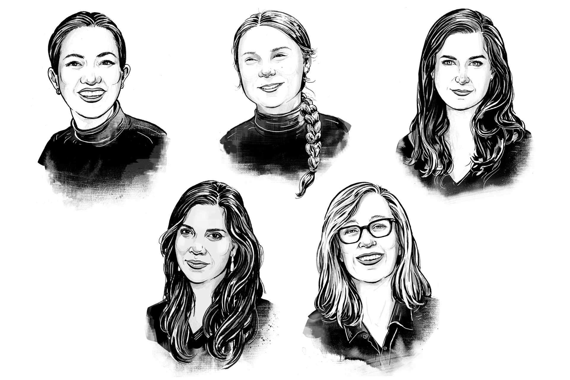 Drawings of Kotchakorn Voraakhom, Greta Thunberg, Katharine Wilkinson, Tessa Khan, and Kate Marvel