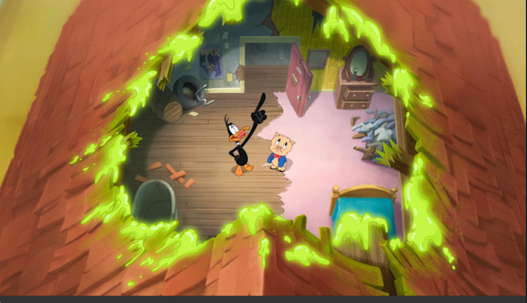 Daffy Duck and Porky Pig, looking up through a hole in the roof of a house