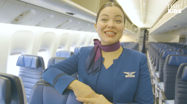 Flight attendant smiling in plane