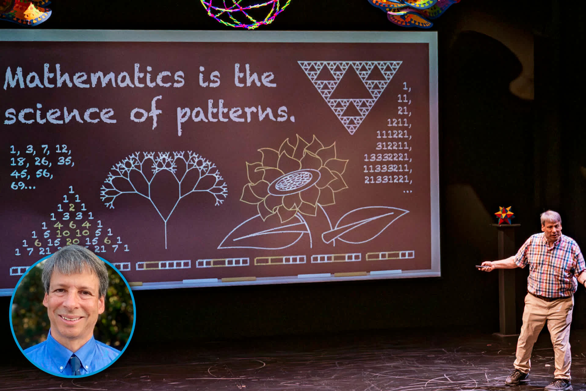 A man gives a presentation about mathematical patterns on a large screen, with his portrait inset in the corner.