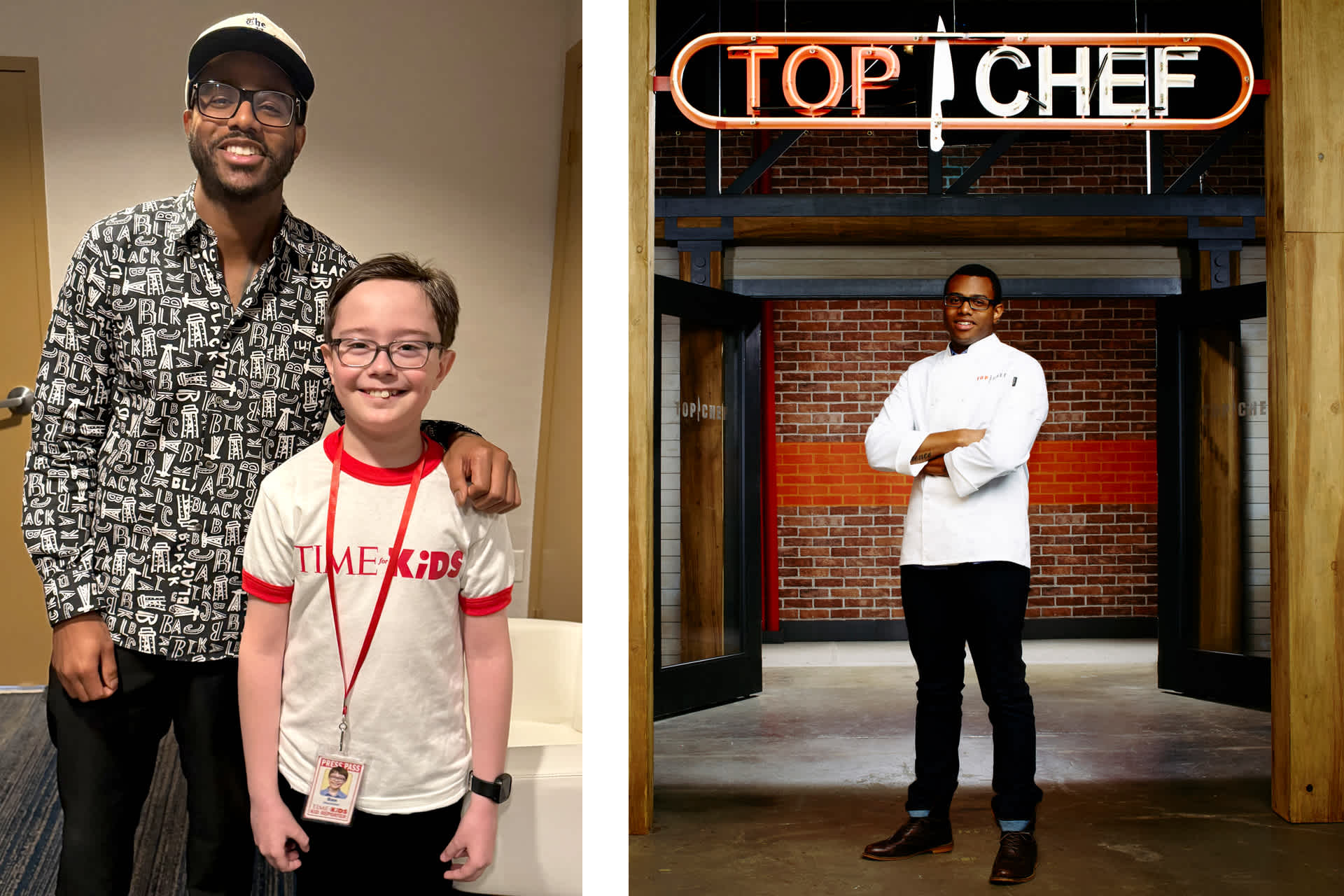 Left: a man and boy standing in front of a white chair, smiling. Right: A chef standing with his arms folded, standing under a sign that says, "TOP CHEF"