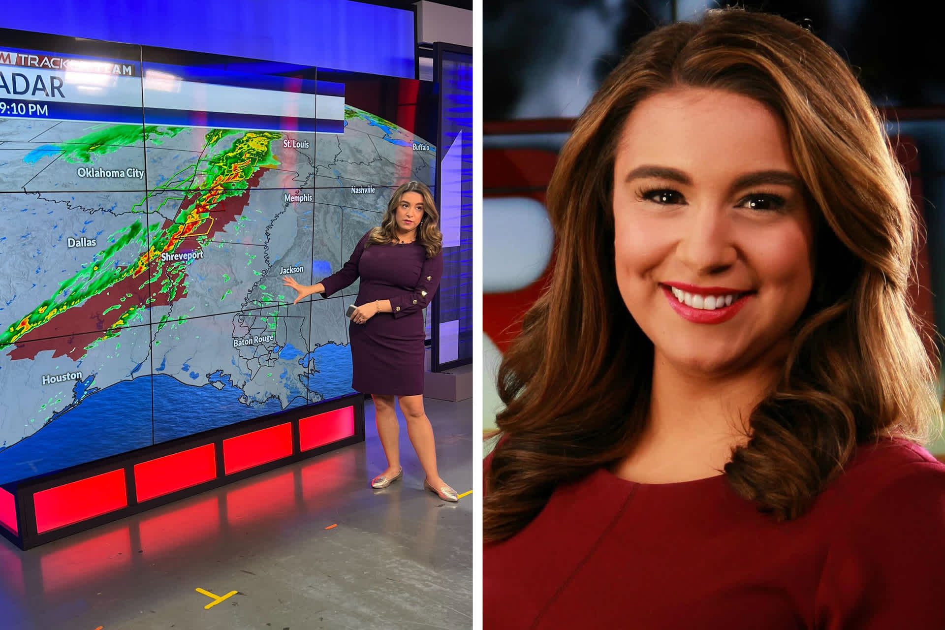 Ashley Ruiz, chief meteorologist at WGMB-TV, delivers a weather report from the studio, in Baton Rouge, Louisiana. 