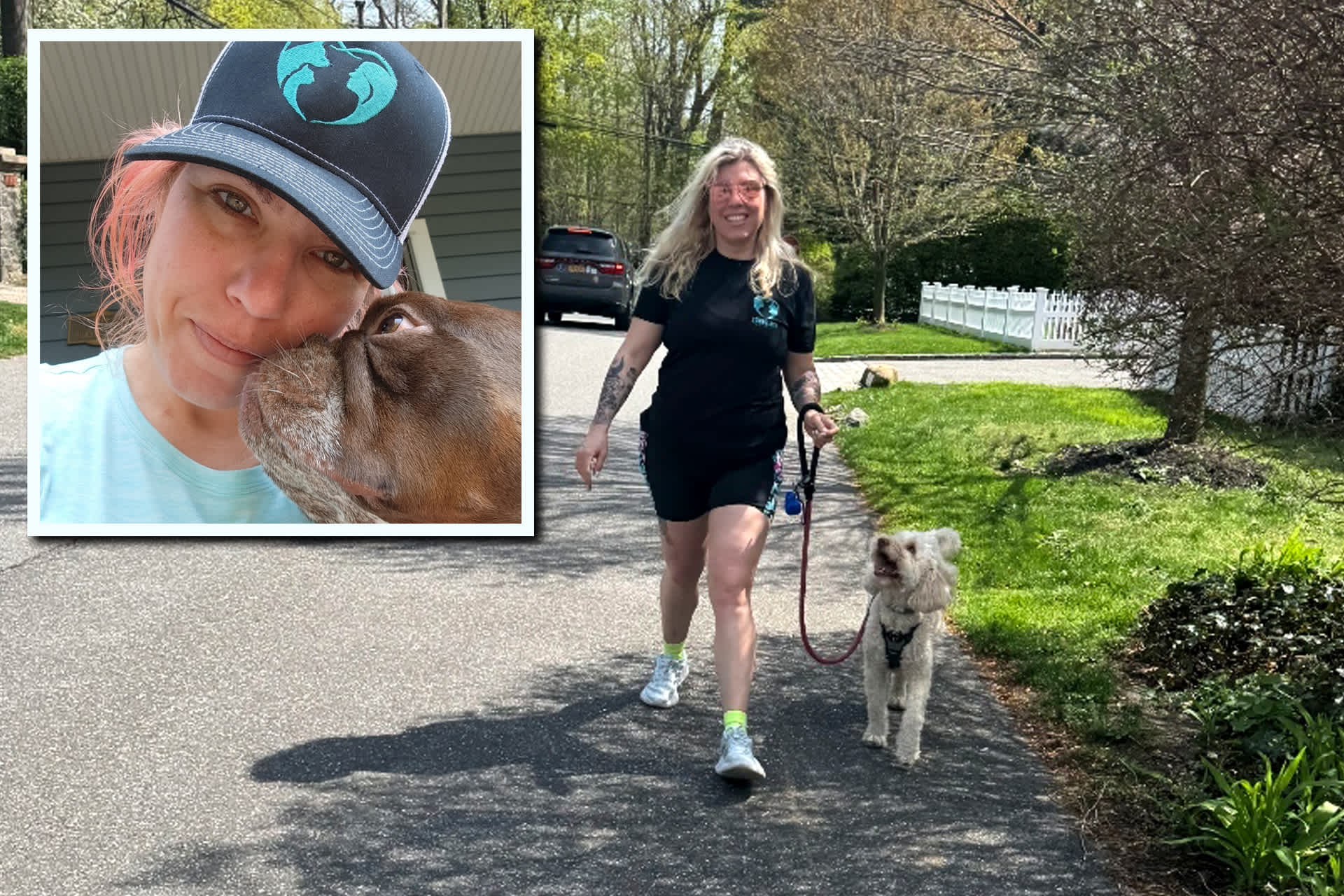 At left, a woman in a blue shirt and baseball cap nuzzles a brown dog. At right, the woman walks a white dog on a leash outdoors.