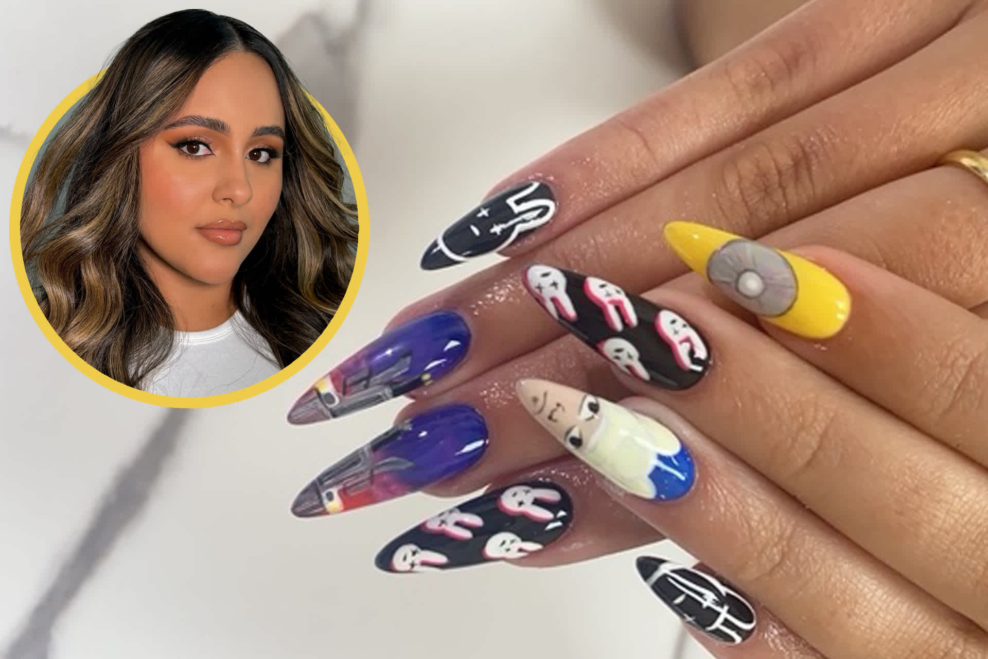 A person models fingernails painted with detailed designs. Inset: A woman with long brown hair and a white top poses for a portrait.