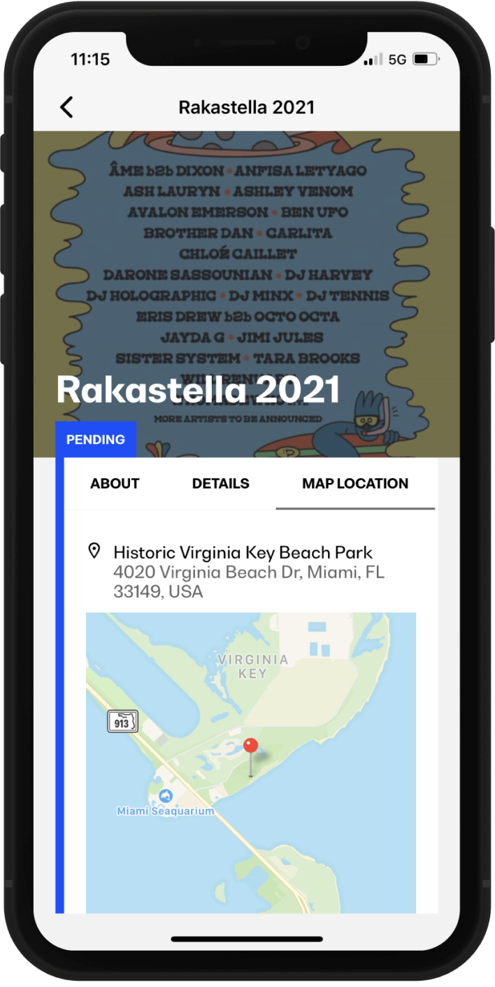 Thru app screenshot showing the address of an event.