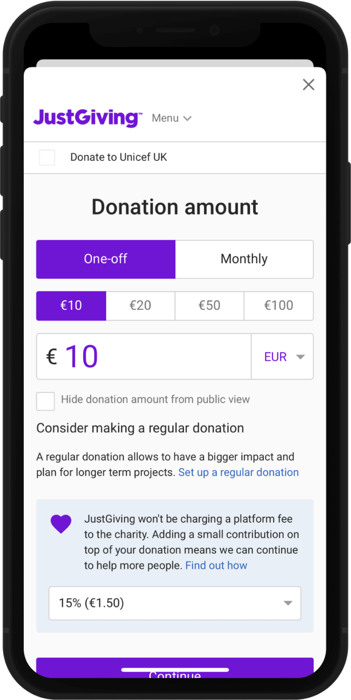 Thru app screenshot showing the donation form.
