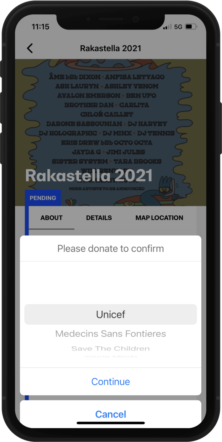Thru app screenshot asking a member to confirm a donation to an organization.