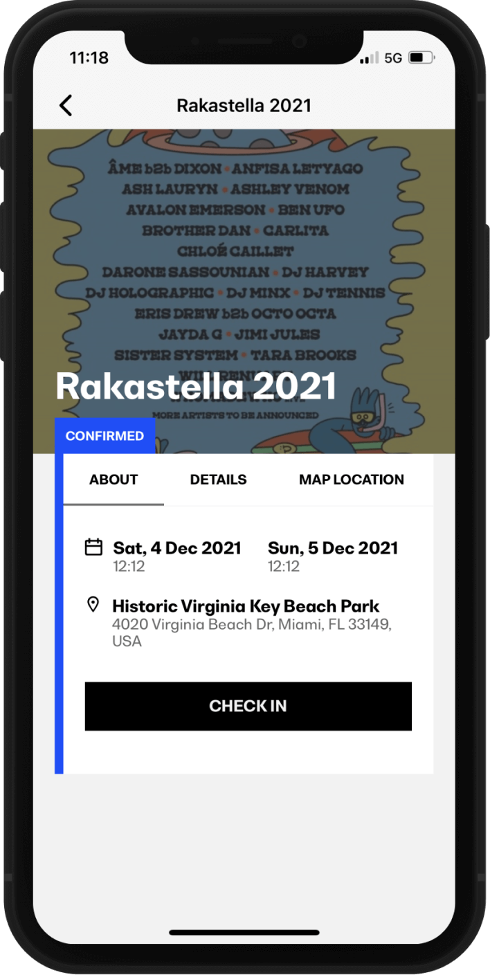 Thru app screenshot showing information of an event.