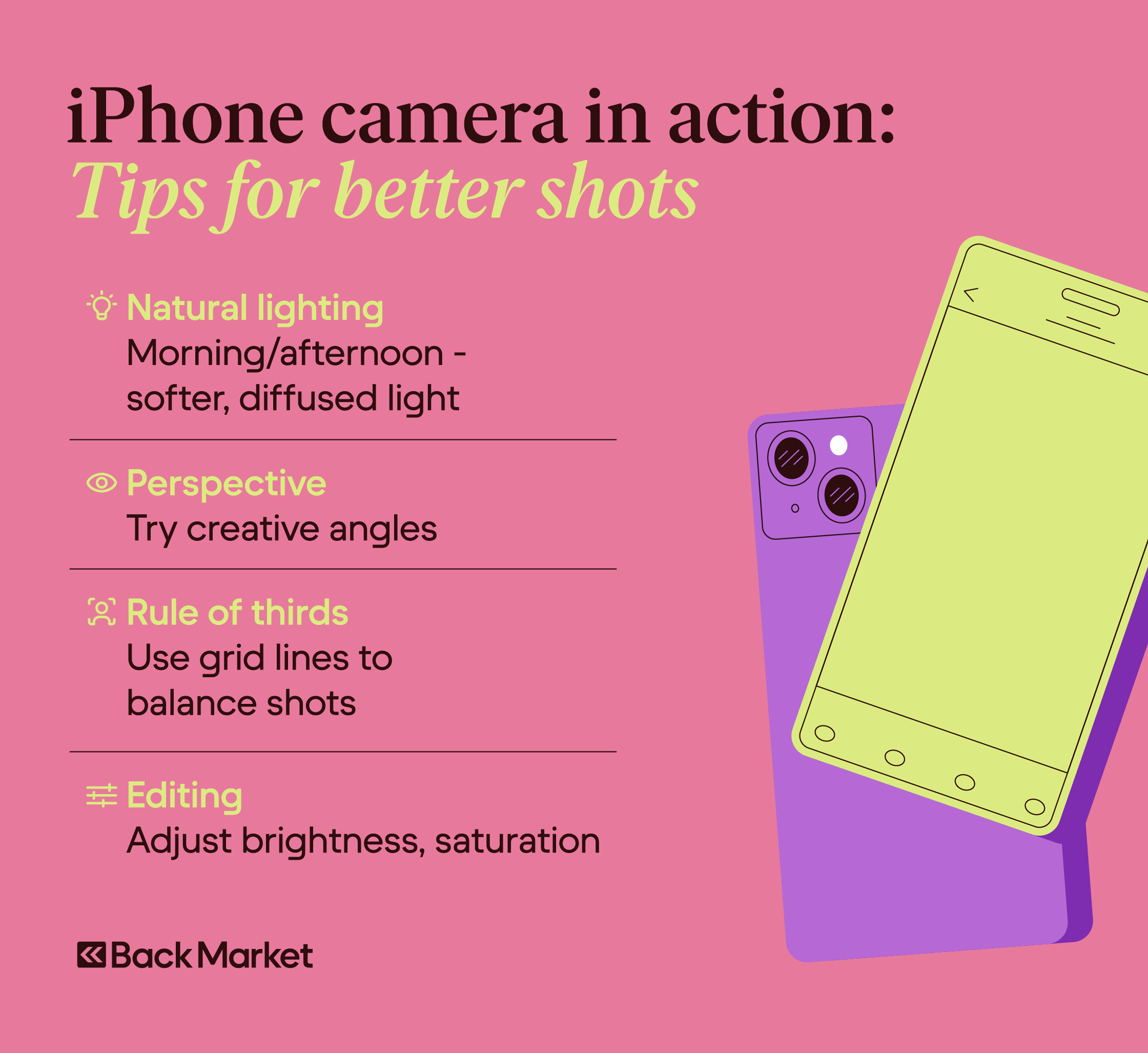 A graphic showing tips for better photos on an iPhone.