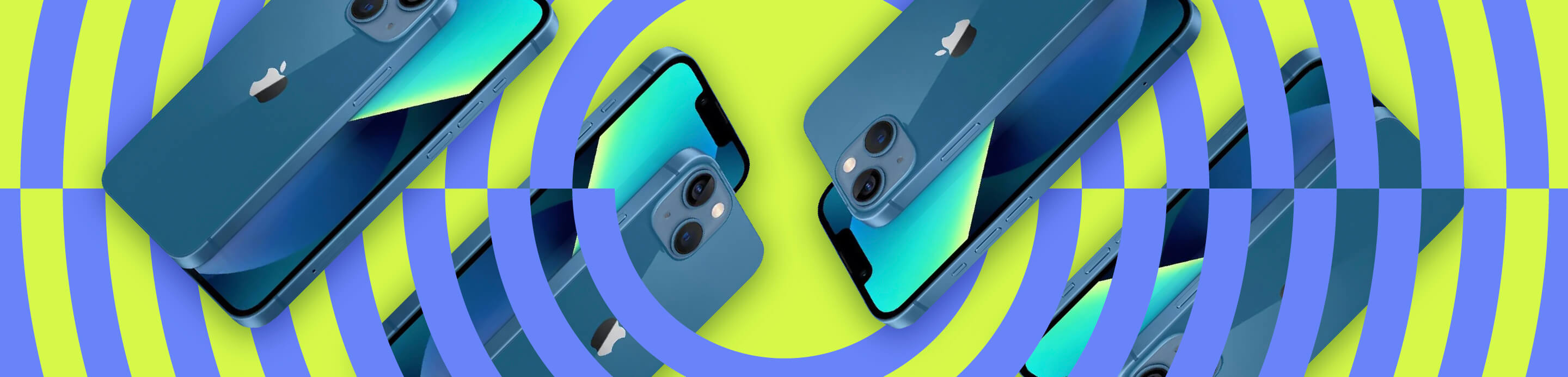 A graphic of eight blue iPhones over a yellow and blue spiral background.