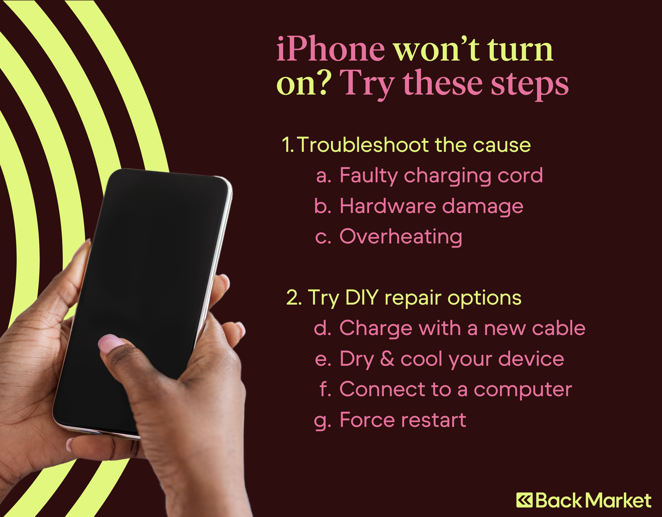 Infograph showing quick steps to try for when your iPhone won't turn on.