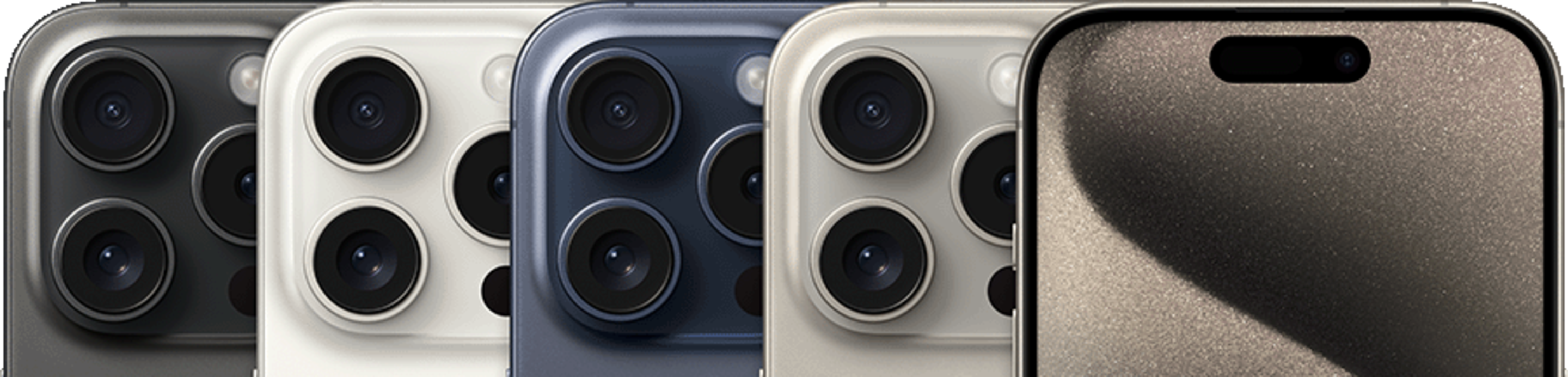Five iPhone 15 smartphones overlapping - views of camera system from front and rear