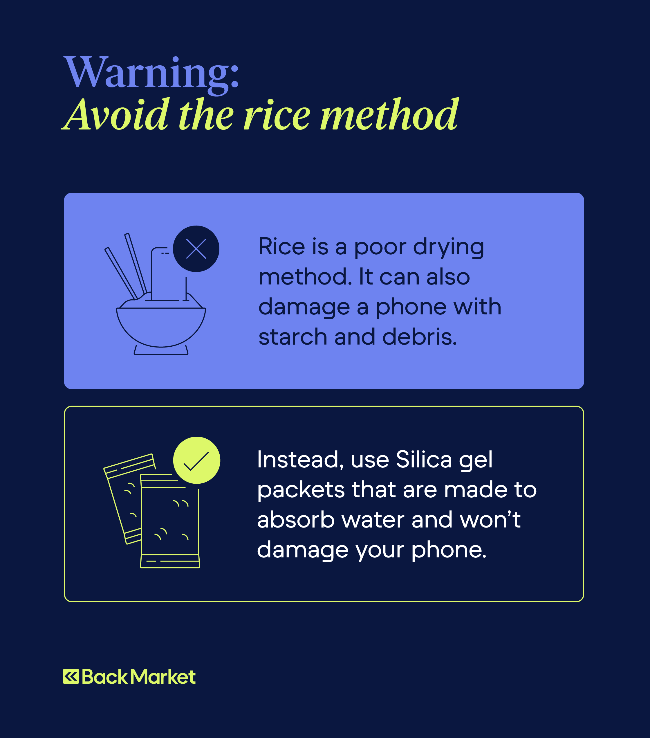 A graphic warns readers to avoid placing their water damaged phone in rice.