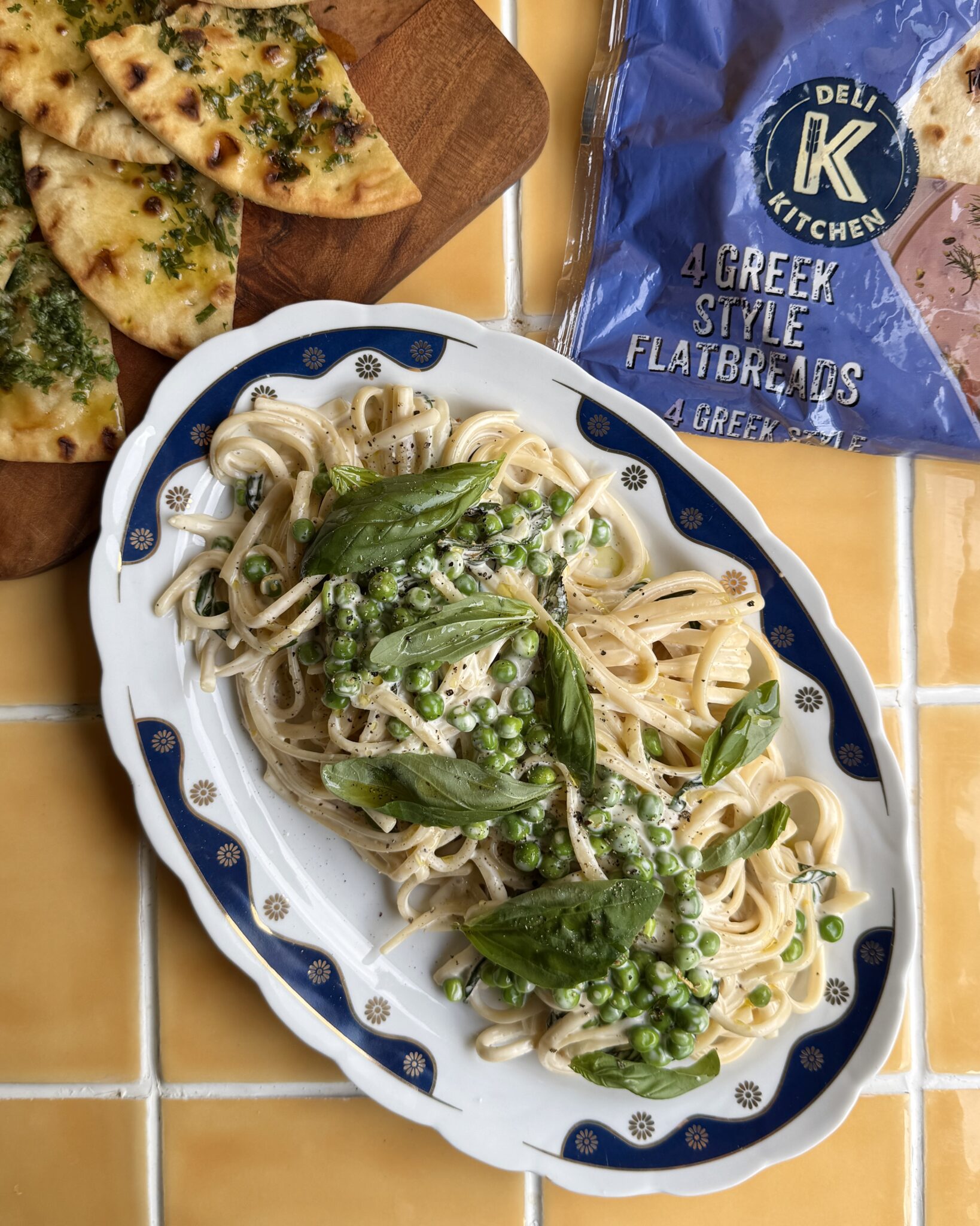 Lemon & Pea Pasta with Garlic Flatbread Recipe | Deli Kitchen