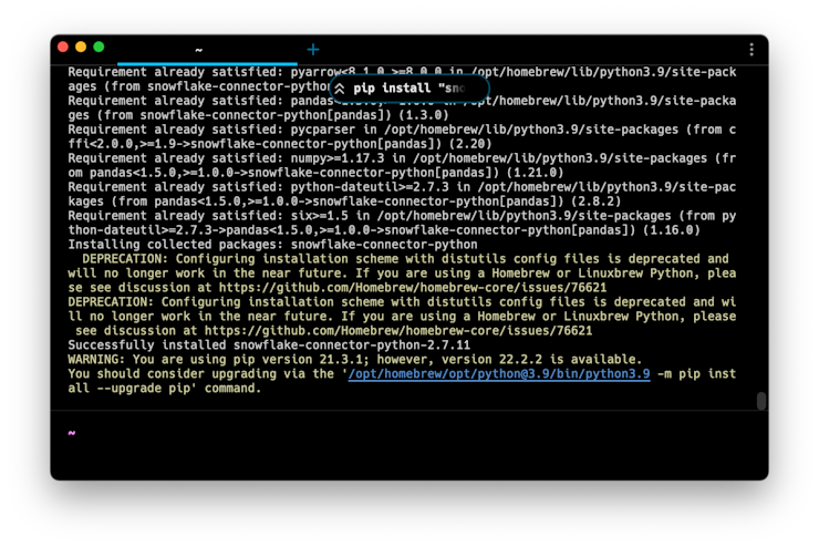 pip installing the snowflake connector