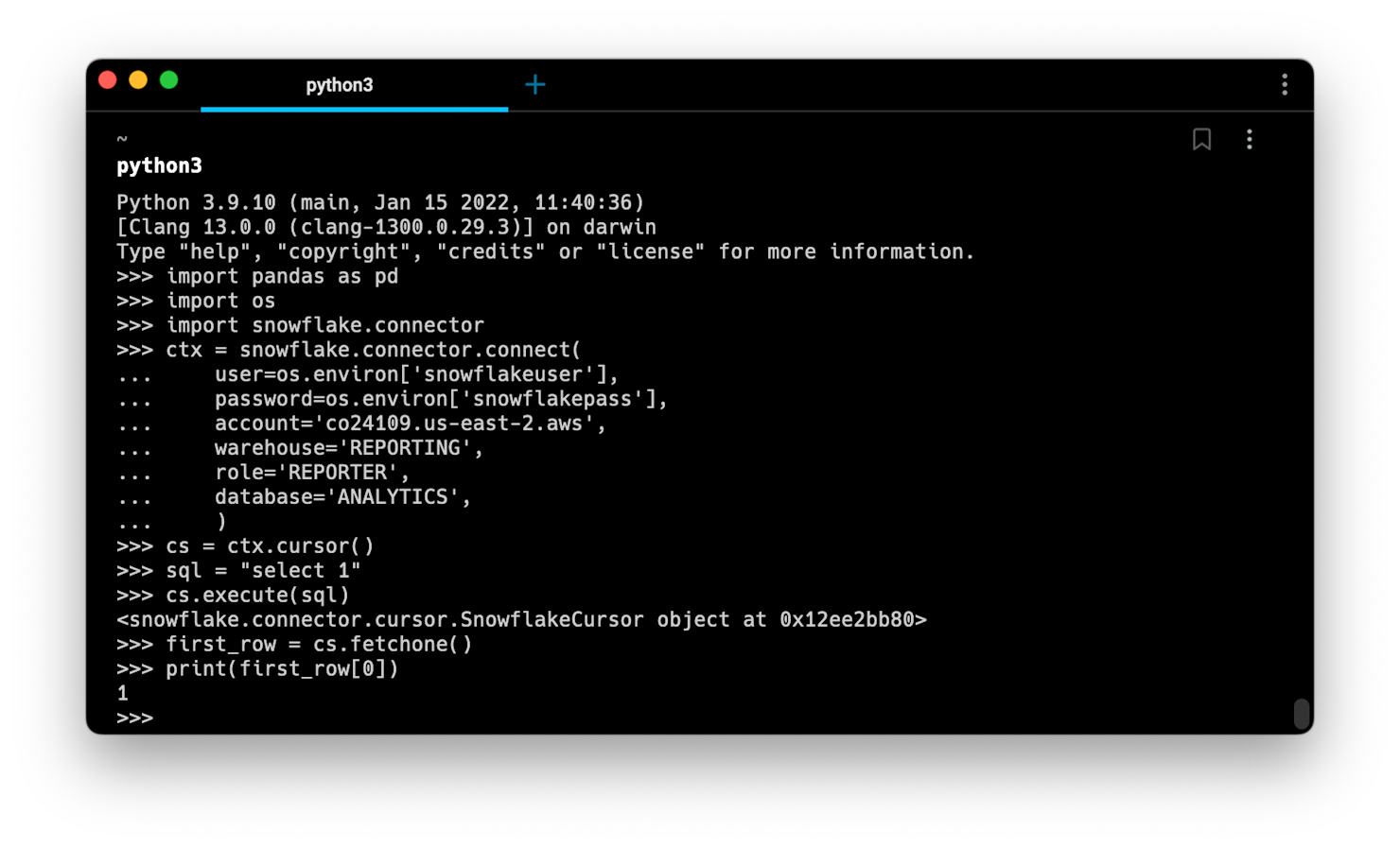 Connecting to and querying Snowflake from Python | Hex
