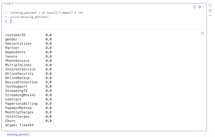 The data type and null value count of each column