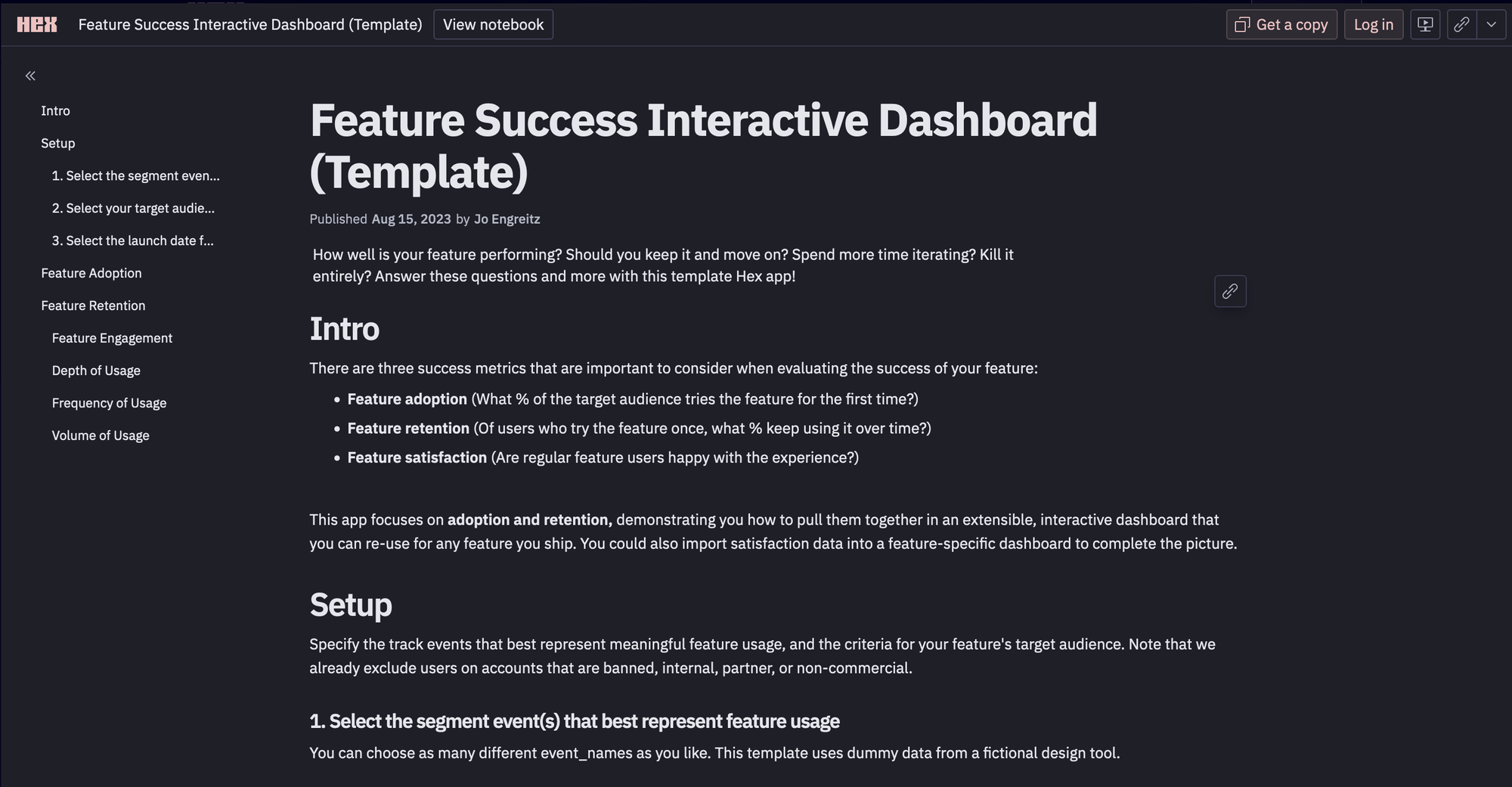 Feature success dashboard screenshot