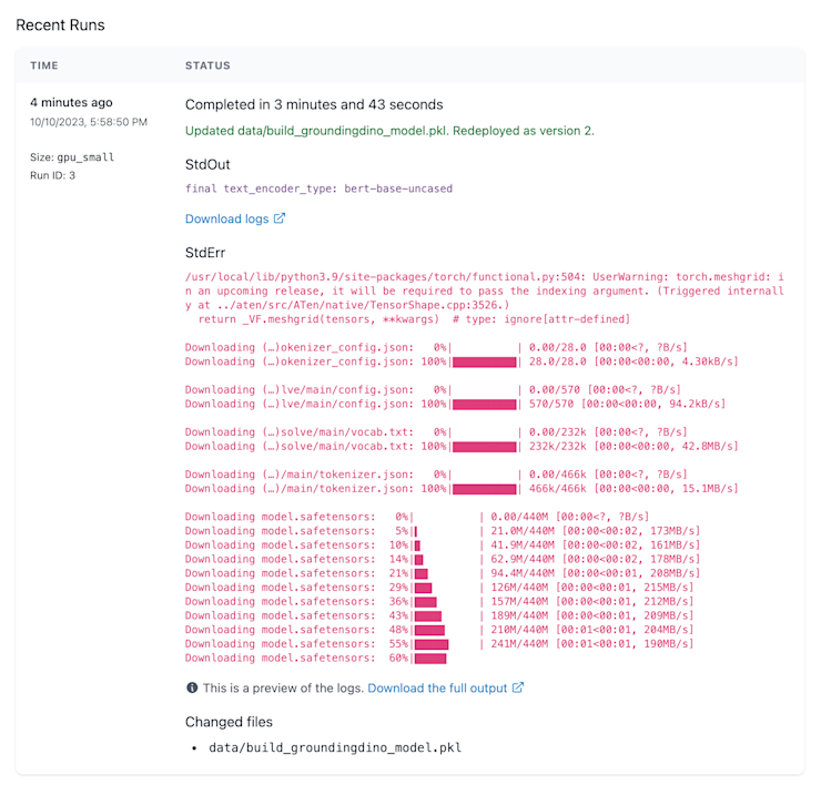 Modelbit recent runs