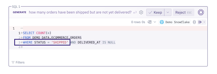 This query should filter on STATUS = 'Shipped', but it's hallucinating SHIPPED.