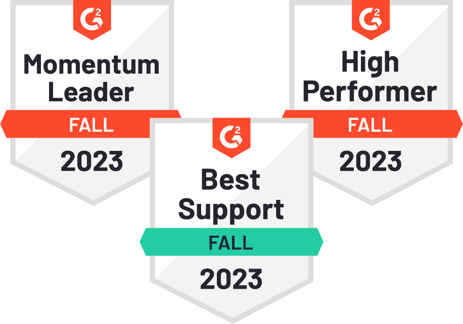 Three G2 badges received by Hex for High Performer, Best Support, and Momentum Leader.